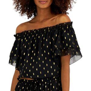 INC Off Shoulder Ruffle Crop Top Black Gold Foil Accents Top Whimsigoth Sz M NEW